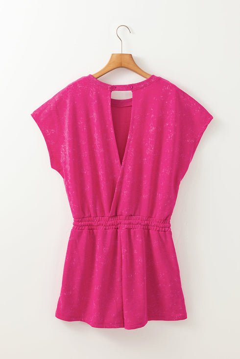 Edgy Casual Mineral Wash Short Sleeve Drawstring Cutout Back Romper